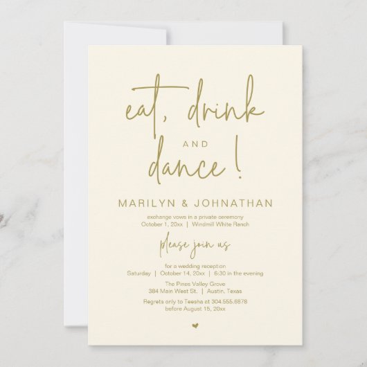 Eat, Drink and Dance, Modern Wedding Reception Kaart (Voorkant)