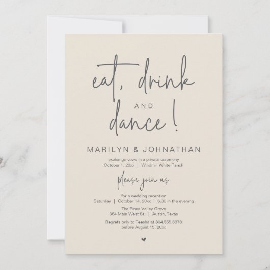 Eat, Drink and Dance, Modern Wedding Reception Kaart (Voorkant)