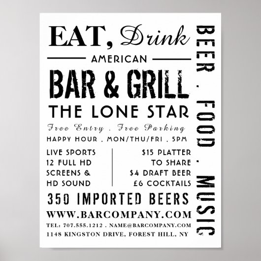 Eat, Drink Bar & Grill, Pub/Brewery Adverteren Poster (Voorkant)