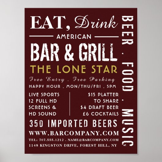 Eat, Drink Bar & Grill, Pub/Brewery Adverteren Poster (Voorkant)