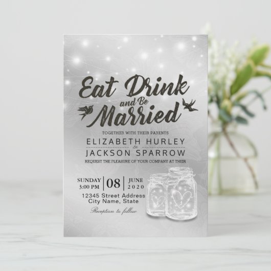 EAT Drink & Be Getrouwd Bruiloft Mason Jars Lights Kaart (Staand voorkant)