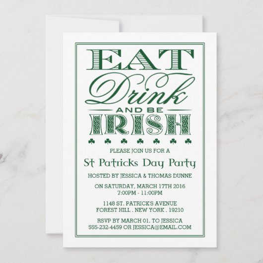 Eat, Drink & Be Irish St. Patrick's Day Invitation Kaart (Voorkant)