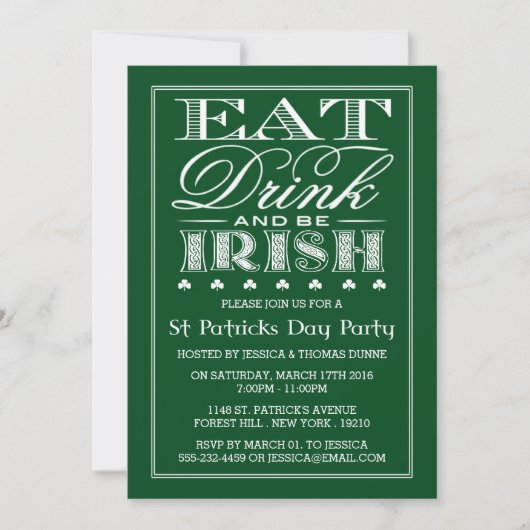 Eat, Drink & Be Irish St. Patrick's Day Invitation Kaart (Voorkant)