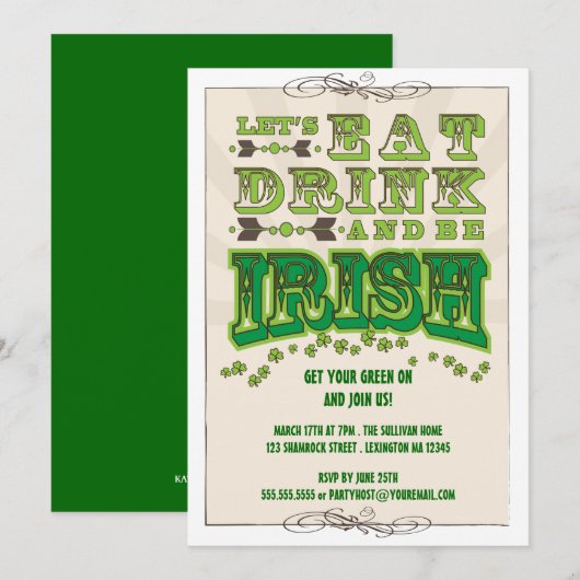 Eat, Drink & Be Irish St. Patrick's Day Invitation Kaart (Voorkant / Achterkant)