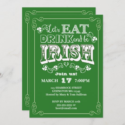 Eat, Drink & Be Irish St. Patrick's Day Invitation Kaart (Voorkant / Achterkant)