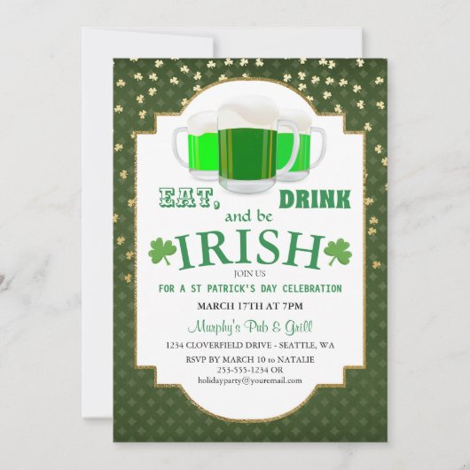 Eat, Drink, BE Irish St Patrick's Party Invitation Kaart (Voorkant)