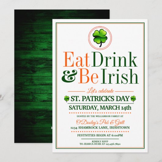 Eat/Drink/BE Irish St.Pat's Party Uitnodigingen (Voorkant / Achterkant)