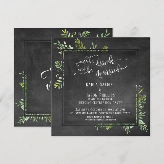 Eat Drink & Be Married Greenery Bouquet Chalkboard Kaart (Voorkant / Achterkant)