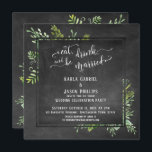 Eat Drink & Be Married Greenery Bouquet Chalkboard Kaart<br><div class="desc">Deze charmante trouwreceptie of receptie-enige partijuitnodiging kenmerkt een achtergrond van het karton evenals een grensvierkant bord bekledingsbadge waartussen ik rommelige bouquets van waterverf groen heb geplaatst. Gebruikend een elegant, het draaien, moderne manuscriptdoopvont, heb ik de woorden "eet, drink, en getrouwd"gemaakt bij de bovenkant, een kopbal aan uw eigen persoonlijke details...</div>