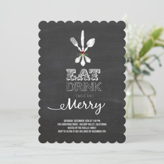 Eat Drink Be Merry Chalkboard Holiday Party Uitnod Kaart (Staand voorkant)