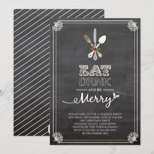 Eat Drink Be Merry Chalkboard Holiday Party Uitnod Kaart (Voorkant / Achterkant)