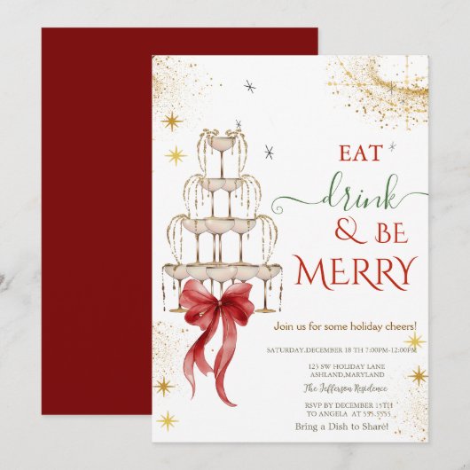 Eat Drink & Be Merry Champagne Red Bow Kaart (Voorkant / Achterkant)