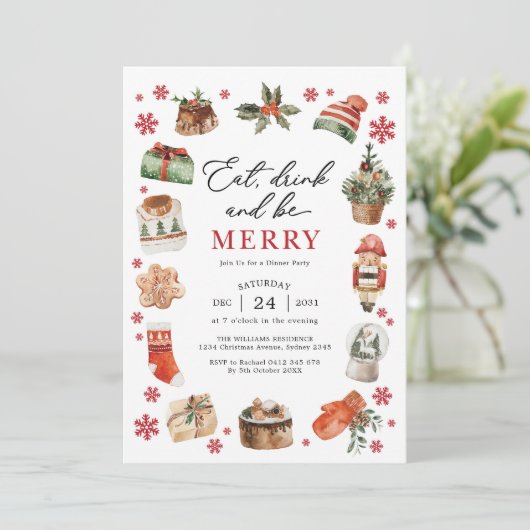Eat Drink Be Merry Christmas Dinner Party Kaart (Staand voorkant)