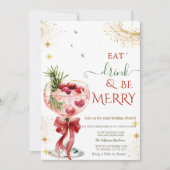 Eat Drink & Be Merry Cocktail Red Bow Invitation Kaart (Voorkant)