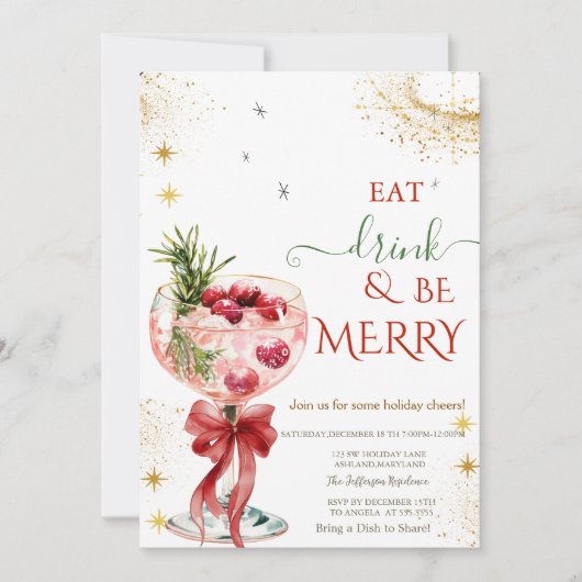 Eat Drink & Be Merry Cocktail Red Bow Invitation Kaart (Voorkant)