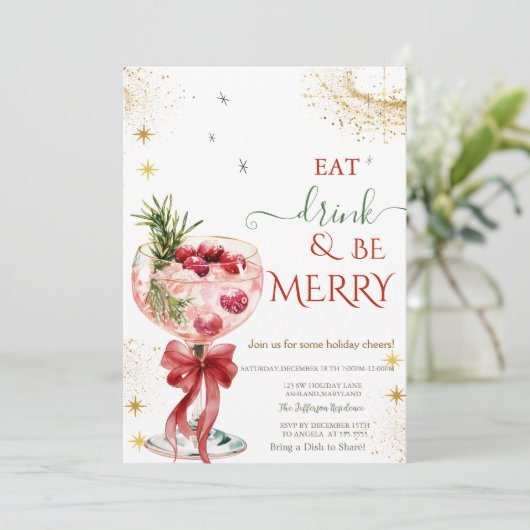 Eat Drink & Be Merry Cocktail Red Bow Invitation Kaart (Staand voorkant)