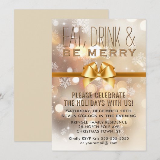 Eat Drink Be Merry Gold Holiday Party Invitation Kaart (Voorkant / Achterkant)