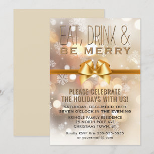 Eat Drink Be Merry Gold Holiday Party Invitation Kaart
