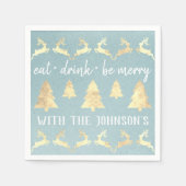 Eat Drink be Merry Gold Reindeer Kraft Blue Aqua Servet (Voorkant)