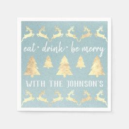 Eat Drink be Merry Gold Reindeer Kraft Blue Aqua Servet