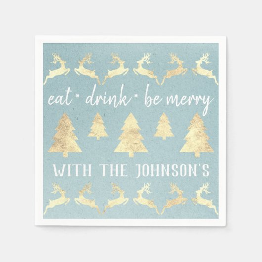 Eat Drink be Merry Gold Reindeer Kraft Blue Aqua Servet (Voorkant)
