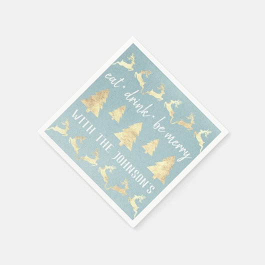Eat Drink be Merry Gold Reindeer Kraft Blue Aqua Servet (Hoek)
