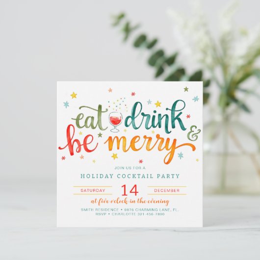 Eat Drink Be Merry Holiday Party Invitation Kaart (Staand voorkant)