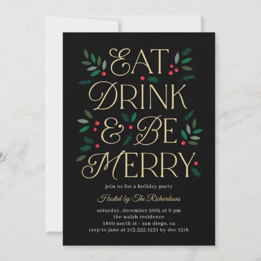 Eat Drink Be Merry Holiday Party Invitation Kaart (Voorkant)