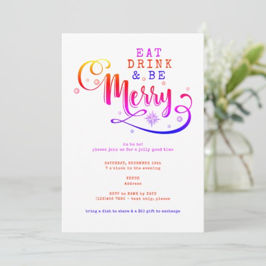 Eat Drink Be Merry Pink Christmas Potluck Kaart (Staand voorkant)