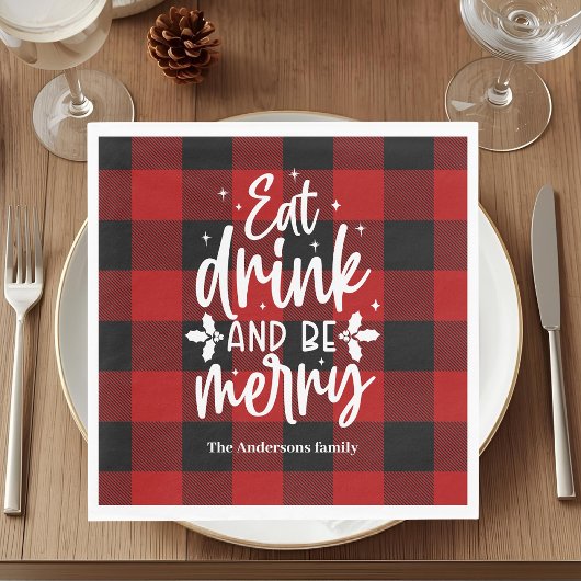 Eat Drink & Be Merry Red Buffalo Plaid Christmas  Servet