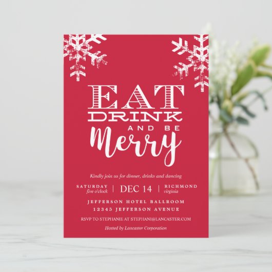 Eat Drink Be Merry Red Snowflake Kerstfeest Kaart (Staand voorkant)