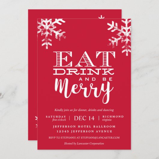 Eat Drink Be Merry Red Snowflake Kerstfeest Kaart (Voorkant / Achterkant)