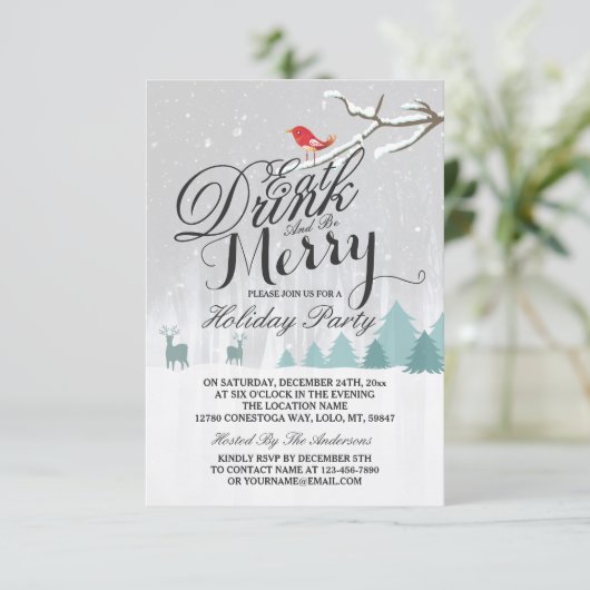 Eat Drink & be Merry Snow Deer Bird Holiday Party Kaart (Staand voorkant)