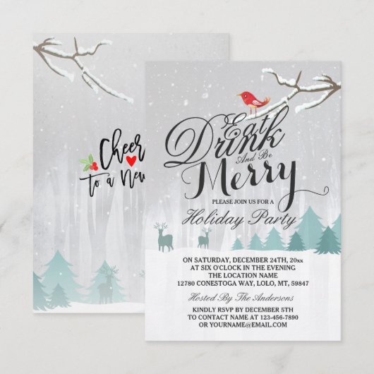 Eat Drink & be Merry Snow Deer Bird Holiday Party Kaart (Voorkant / Achterkant)