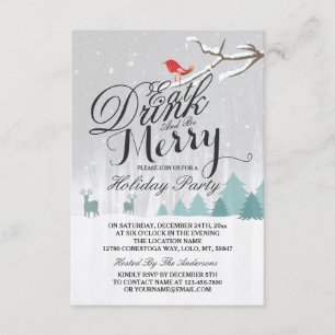 Eat Drink & be Merry Snow Deer Bird Holiday Party Kaart