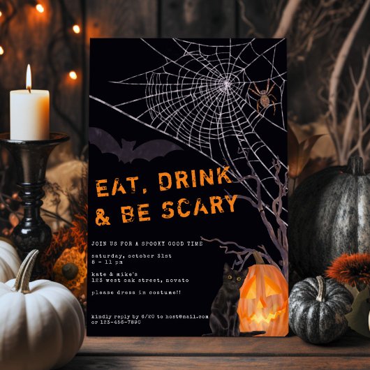 EAT-DRINK & BE SCARY Halloween Party Invitation Kaart