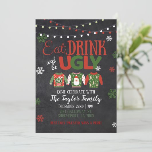 Eat Drink & Be Ugly Christmas Party Invitation Kaart (Staand voorkant)