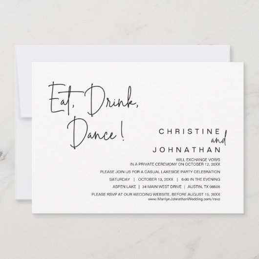 Eat, Drink, Dans, Casual weddenschapspartij Kaart (Voorkant)