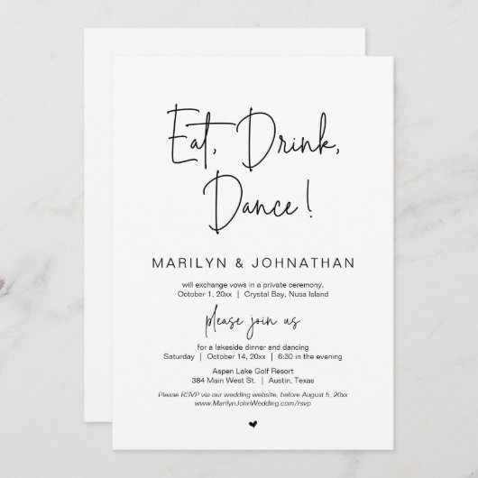 Eat, Drink, Dans, Weddenschap Dinner Party Kaart (Voorkant / Achterkant)