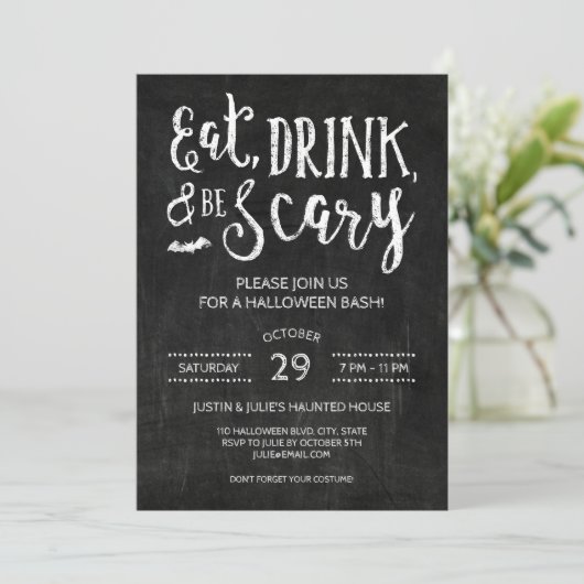 Eat Drink en are Scary Halloween Party Invitation Kaart (Staand voorkant)