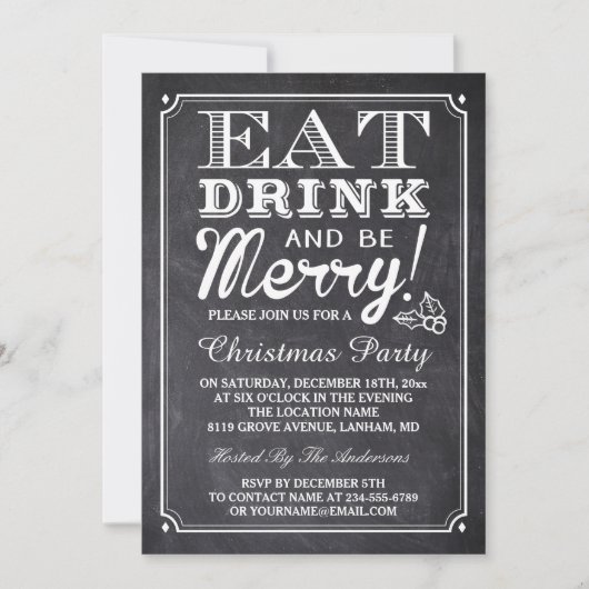 Eat Drink en be Merry Chalkboard Kerstparty Kaart (Voorkant)