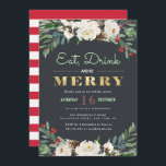 EAT, DRINK en BE MERRY | feestdag Kaart<br><div class="desc">een prachtig script met winterbloemen en grijze achtergrond. De kleuren en de tekst kunnen samen met andere eigenschappen van deze uitnodiging worden veranderd.</div>