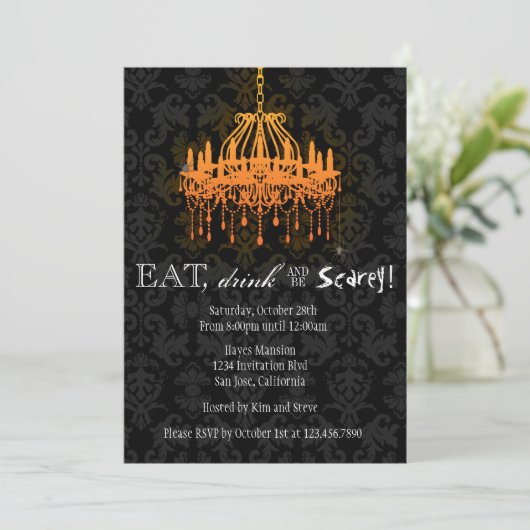 Eat Drink en be Scary Elegant Damask Chandelier Kaart (Staand voorkant)