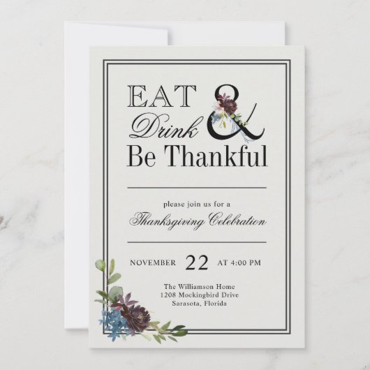 Eat Drink en be Thankful Thanksgiving Invitation Kaart (Voorkant)