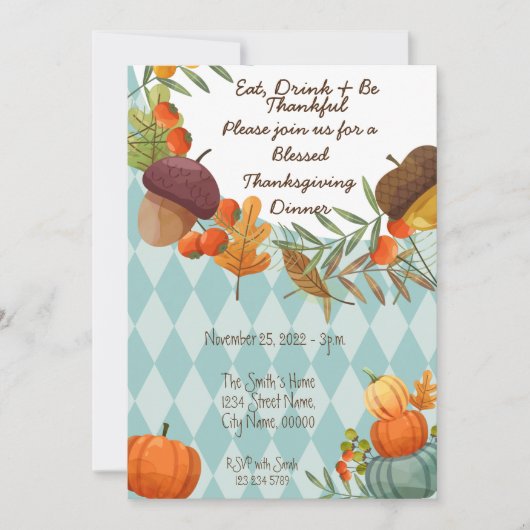 EAT DRINK EN BEDANKFUL INVITATIE KAART (Voorkant)