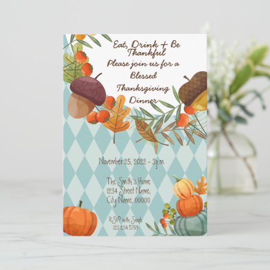 EAT DRINK EN BEDANKFUL INVITATIE KAART (Staand voorkant)