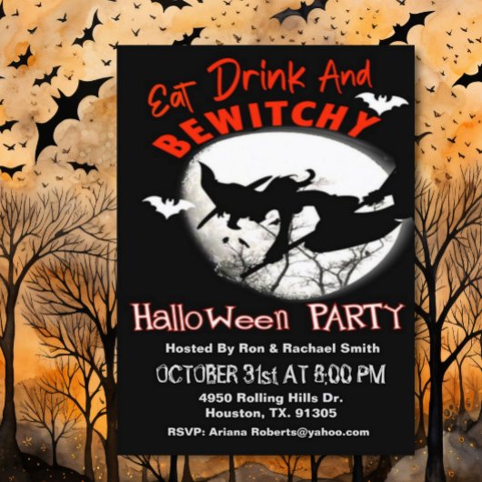 Eat Drink en Bewitchy Halloween Party Invitation Kaart
