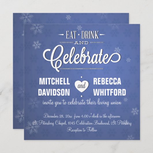 Eat Drink en Celebrate Blue Winter Kaart (Voorkant / Achterkant)