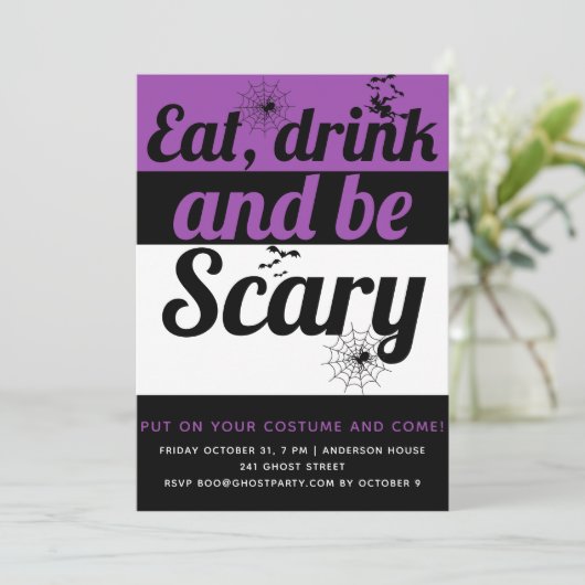 Eat, drink en eng paarse Halloween party Kaart (Staand voorkant)
