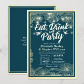 EAT-Drink en feestelijke blauwe goudbloemen Kaart (Voorkant / Achterkant)